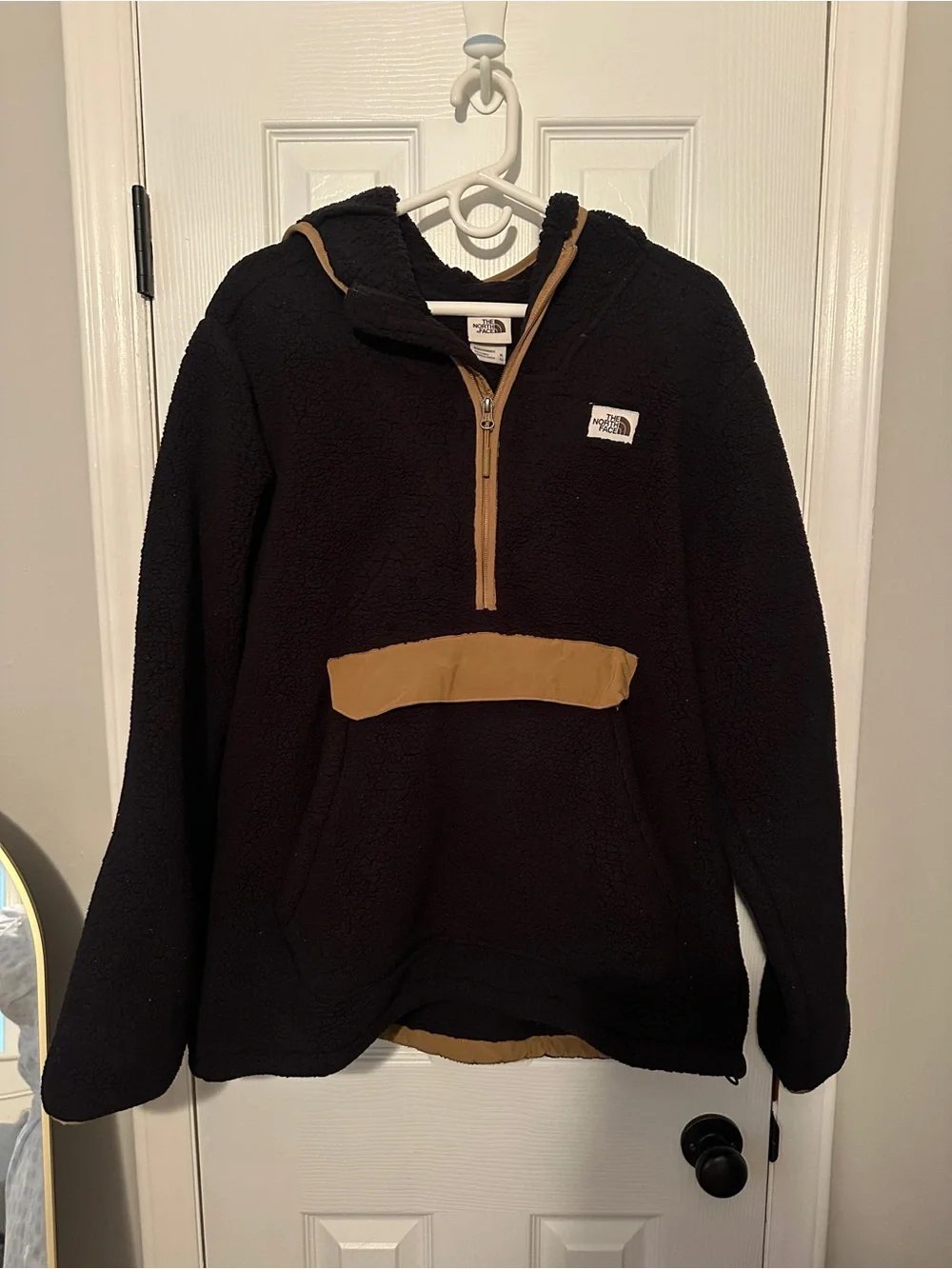 The North Face Men’s Black Sherpa Half-Zip Hoodie with Tan Trim